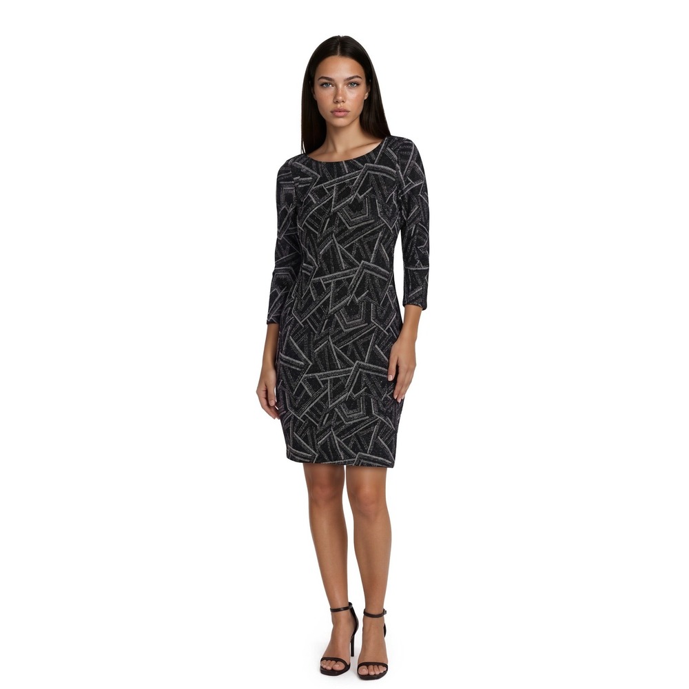 NWT JH Evenings Black Metallic Dress Women's Size 10 Geo Long Sleeve Cocktail